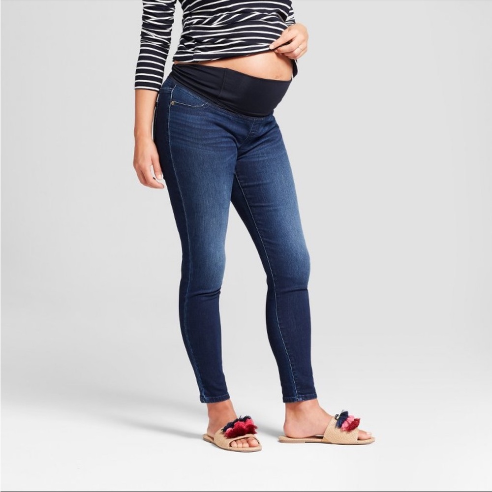 Maternity dark rinse skinny jeans with cross v back